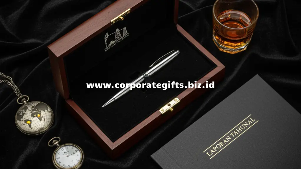 Souvenir eksklusif perusahaan migas seperti plakat kristal, pena engraved, dan miniatur kilang minyak